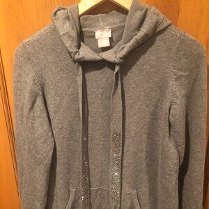 Chico's Cashmere Blend Grey Tunic Hooded Sweater Rhinestone Tie Size 00 / XS